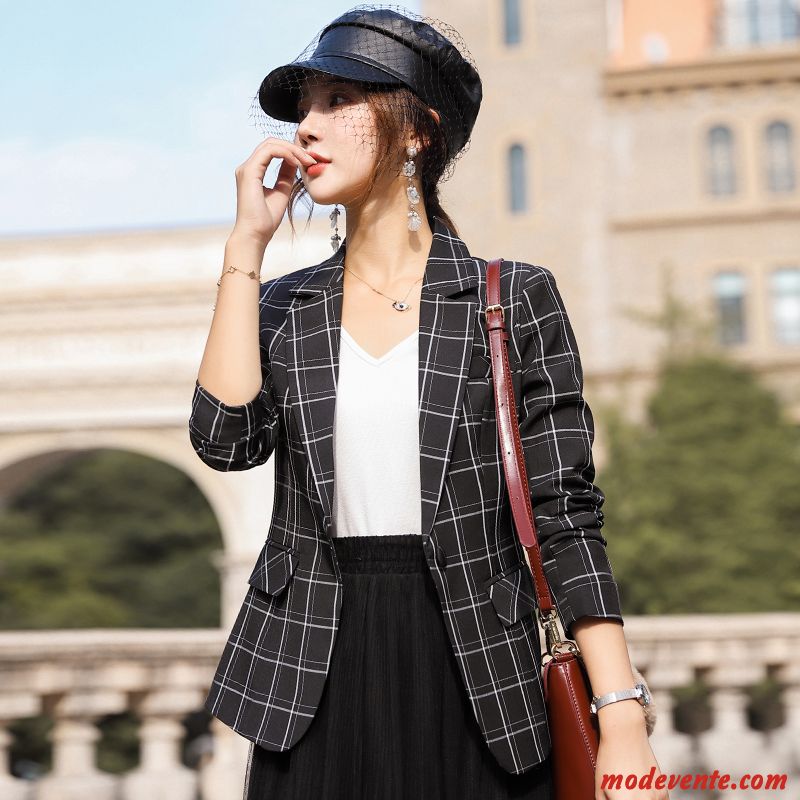 Blazer Femme Carreaux Nervurées Décontractée Costume Dame Slim Orange Rouge