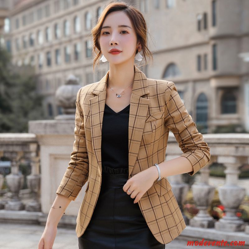 Blazer Femme Carreaux Nervurées Décontractée Costume Dame Slim Orange Rouge