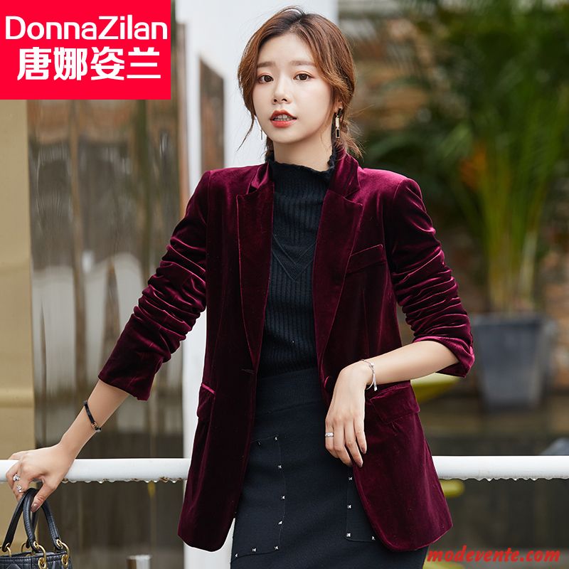 Blazer Femme Ensemble Printemps Costume Veste De Costume Tempérament Velours Bordeaux Or