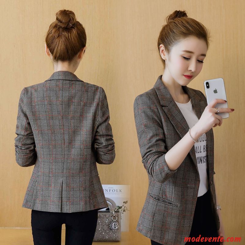 Blazer Femme L'automne Court Décontractée Rétro Slim Carreaux Gris Clair