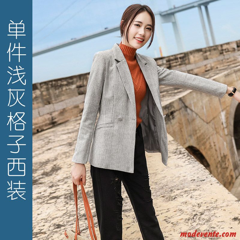 Blazer Femme Longues Professionnel Carreaux Mode Manteau Costume Gris Clair