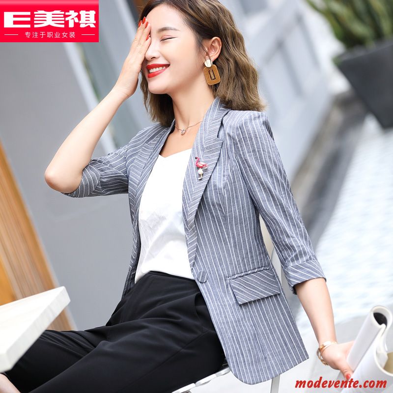 Blazer Femme Mince Manche Tempérament Rayé Manteau Lin Noir