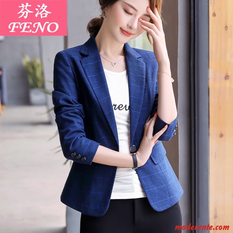 Blazer Femme Mode Décontractée Court L'automne Carreaux Printemps Bleu