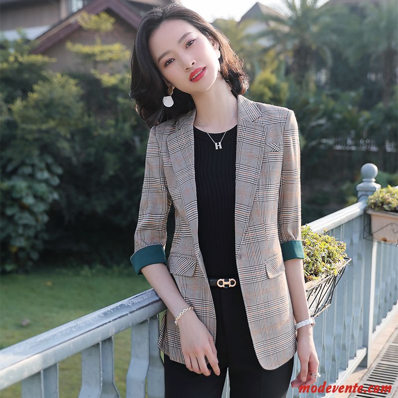 Blazer Femme Printemps Été Carreaux Manche Veste De Costume Rétro Rouge Gris