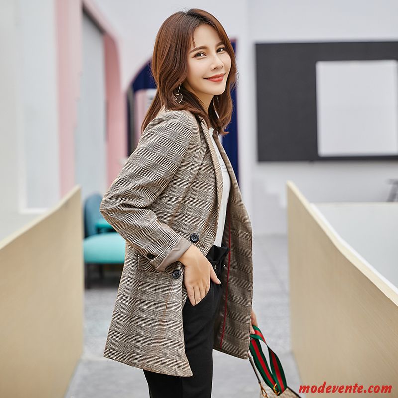 Blazer Femme Tempérament Carreaux L'automne Longue Mince Slim Marron