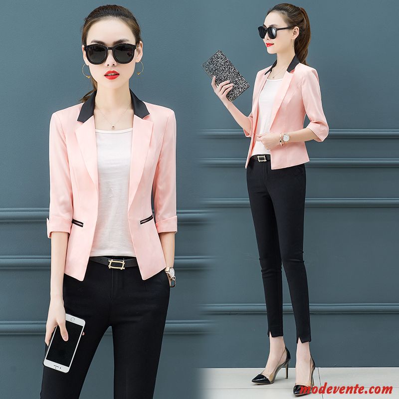 Blazer Femme Tendance Tempérament Court Veste De Costume Longues Décontractée Rose