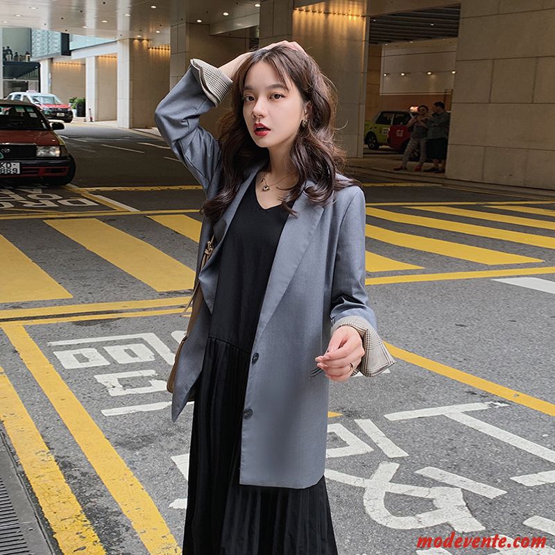 Blazer Femme Épissure Printemps Rétro Veste De Costume Décontractée Manche Noir Gris