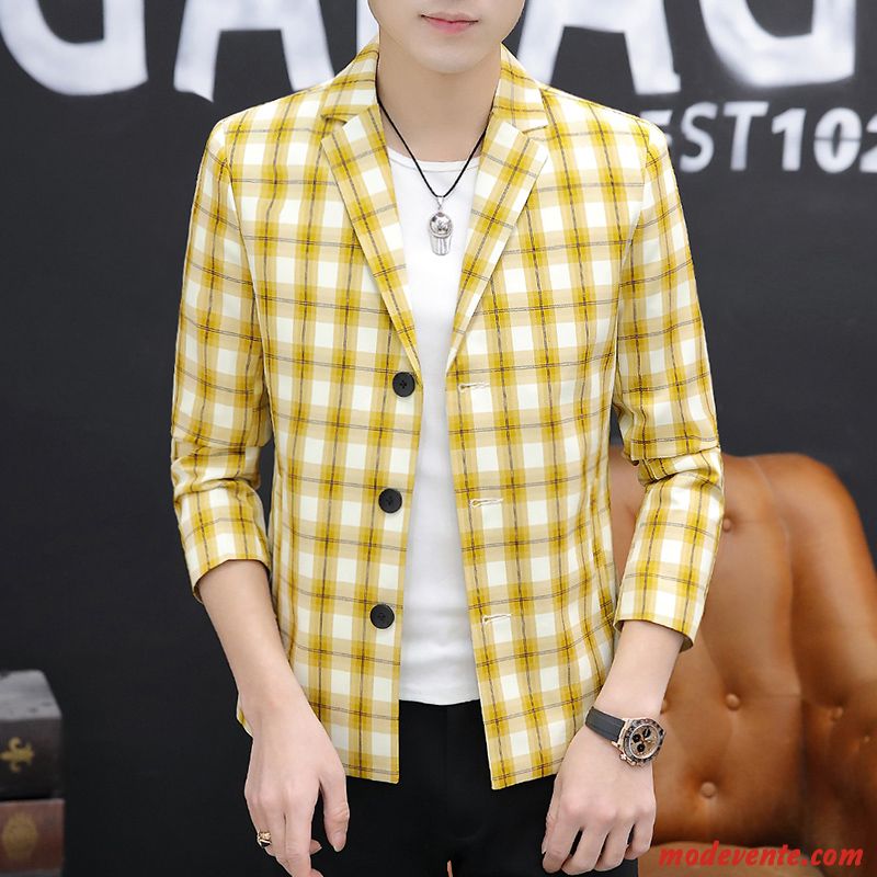 Blazer Homme Carreaux Beau Veste De Costume Printemps Britanique Tendance Jaune