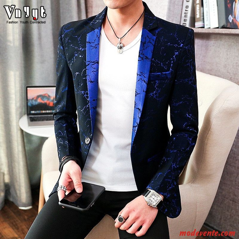 Blazer Homme Costume Personnalité Légère Tendance Brodé Manteau Bleu