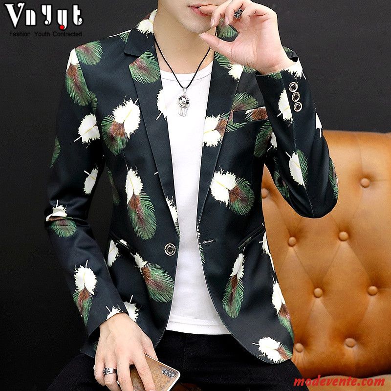 Blazer Homme Costume Plume Personnalité Légère Tendance Manteau Impression Blanc