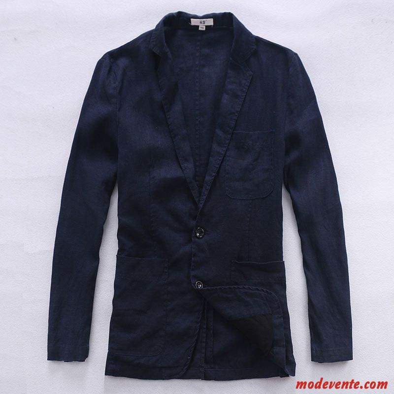 Blazer Homme Coton Et Lin De Travail Décontractée Costume Respirant Baggy Bleu