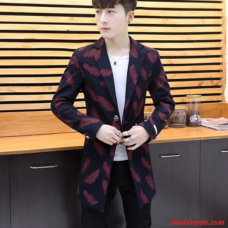 Blazer Homme Plume Longue Tendance Petit Costume Beau Manteau Rouge