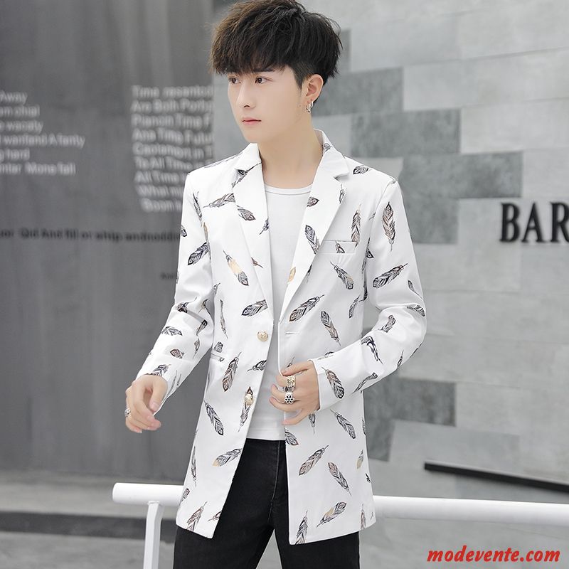 Blazer Homme Printemps Tendance Longue Costume Beau Personnalité Impression Noir