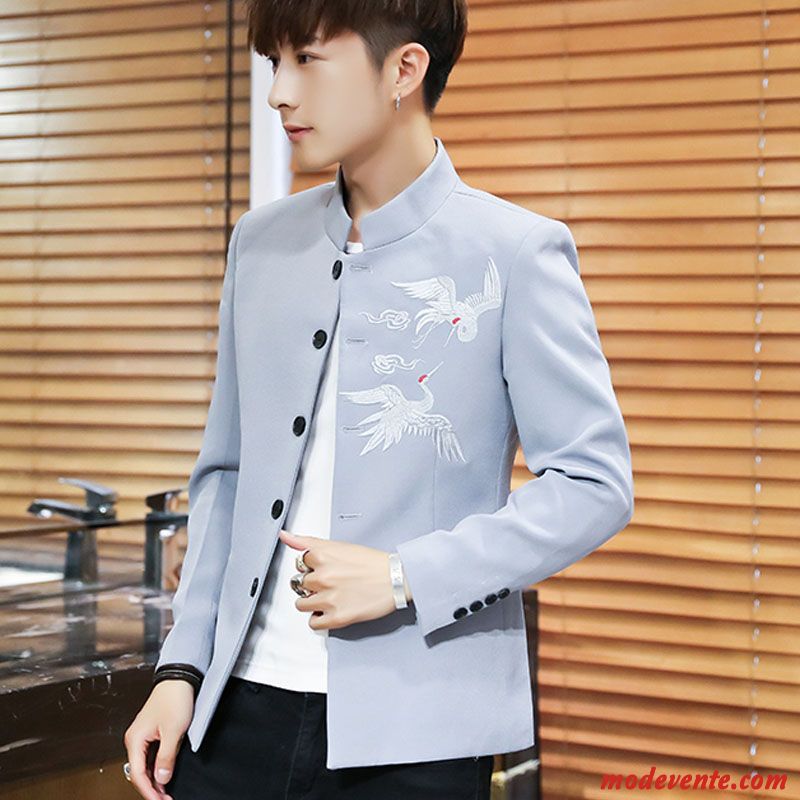 Blazer Homme Style Chinois Petit Costume L'automne Col Mandarin Slim Manteau Bleu
