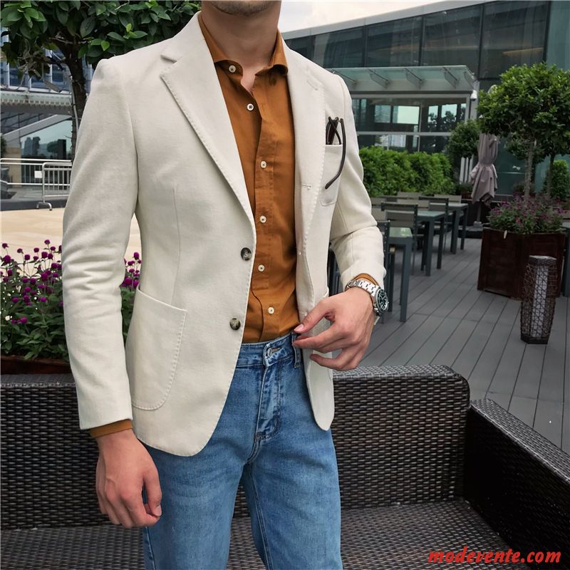 Blazer Homme Épais L'automne Simple Manteau Tendance Petit Costume Blanc