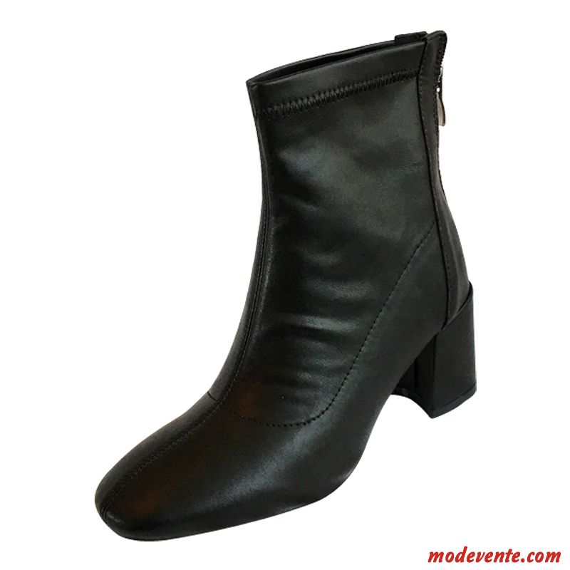 Bottes Femme Courte Épais Tous Les Assortis L'automne Talons Hauts Cuir Verni Noir