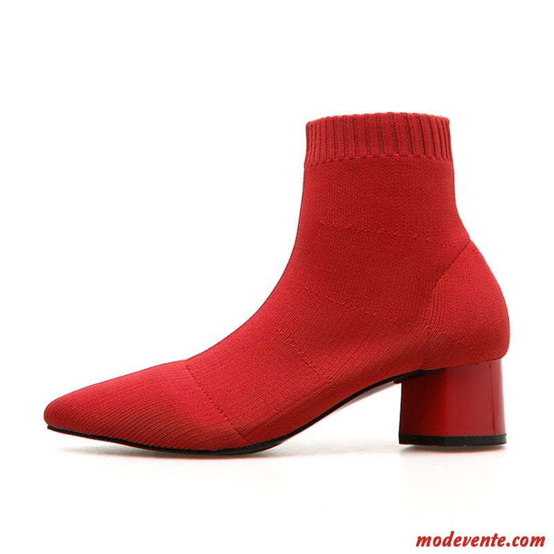 Bottes Femme Mince Élasticité Épais Talon Moyen Pointe Pointue Tous Les Assortis Rouge