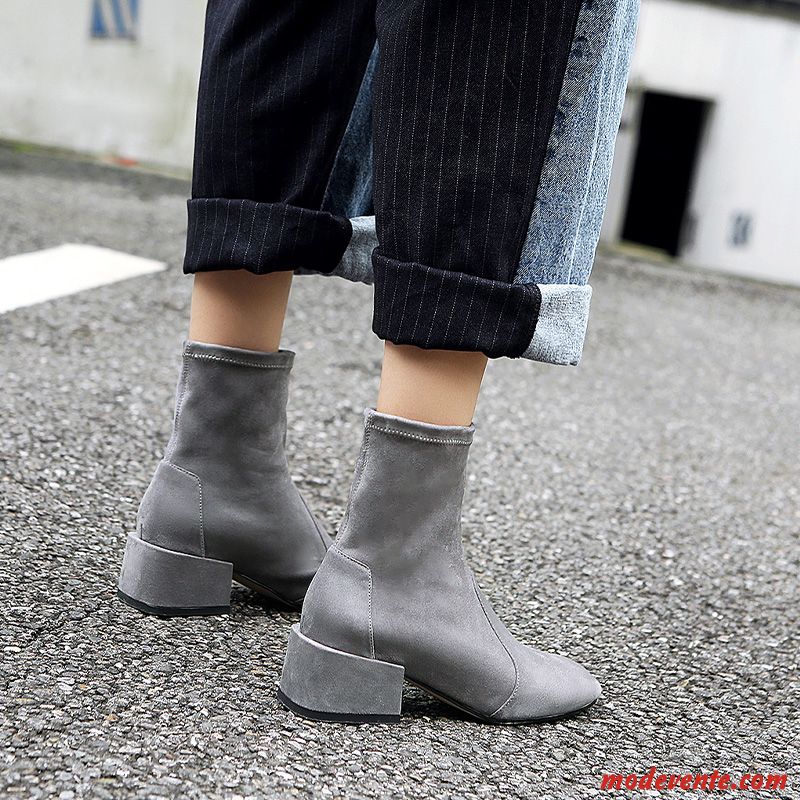 Bottes Femme Printemps L'automne Élasticité Mesh Talon Moyen Tous Les Assortis Rouge Gris