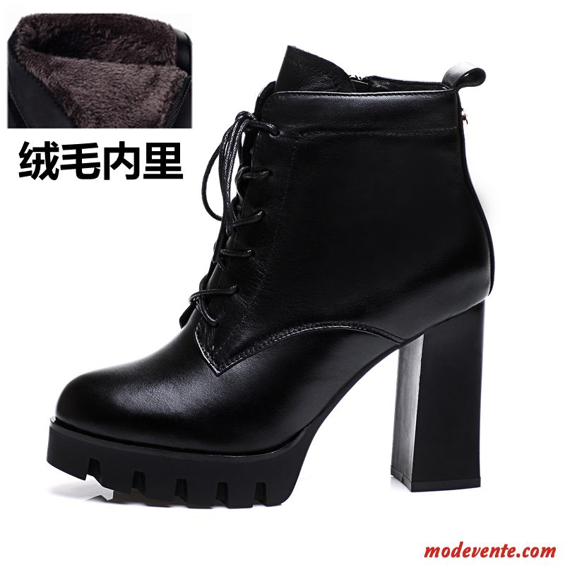 Bottes Femme Épais Bottes Courtes Plus De Velours Angleterre Escarpins Cuir Véritable Noir