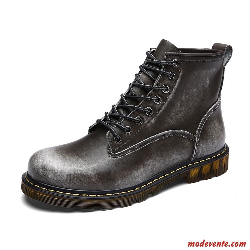 Bottes Homme Antidérapant Bottes Martin Hiver Bottes De Neige Plus De Velours Cuir Véritable Gris