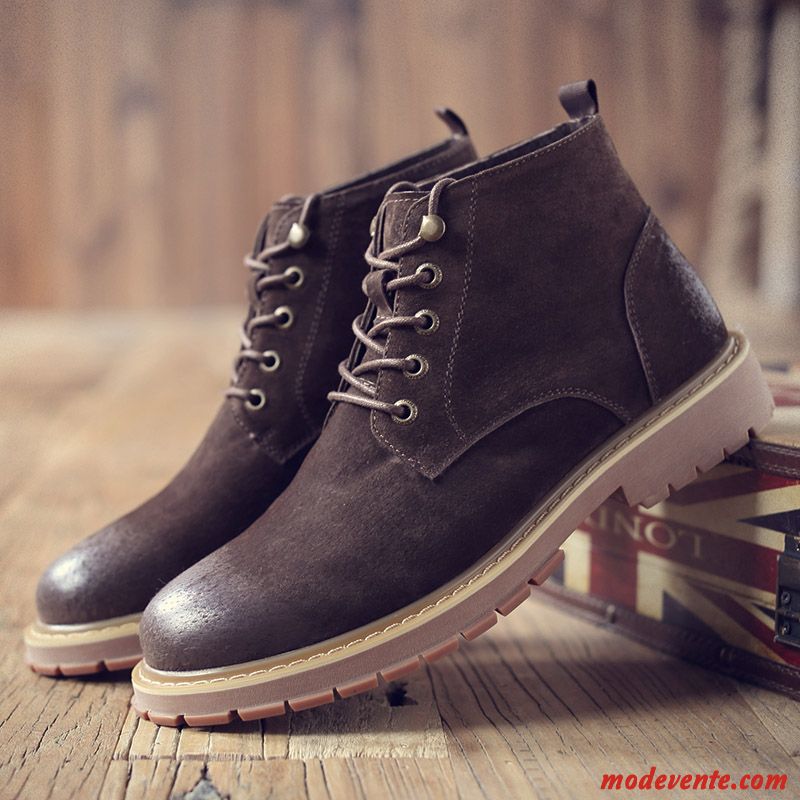 Bottes Homme Bottes Courtes Cuir Véritable Angleterre Rétro Tendance Plus De Velours Marron