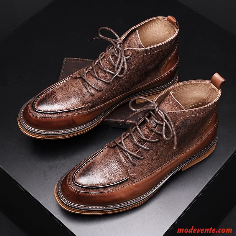 Bottes Homme Hautes Cool Cuir Véritable En Cuir Tendance Angleterre Marron