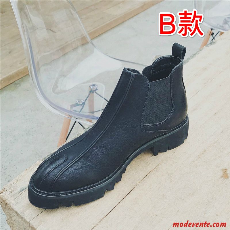 Bottes Homme Slip-on Angleterre Pointe Pointue Bottes Courtes Hautes Chaussures En Cuir Noir