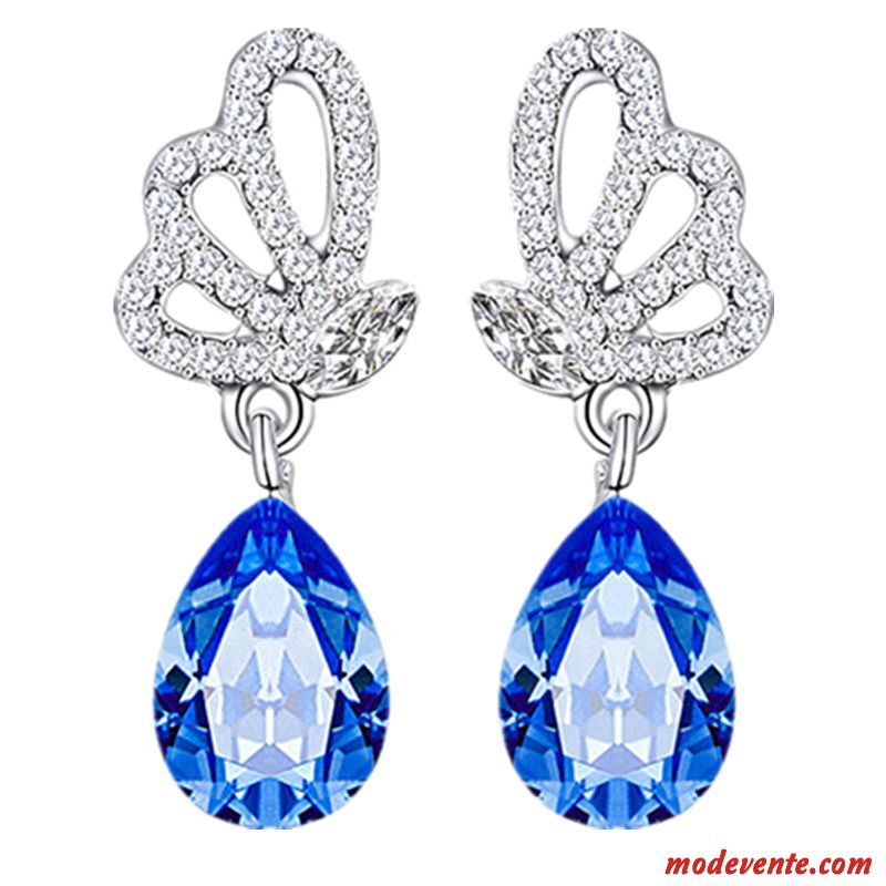 Boucles D'oreilles Femme Accessoires Cristal Tempérament Pure Longue Section Ensemble Bleu Rouge Argent