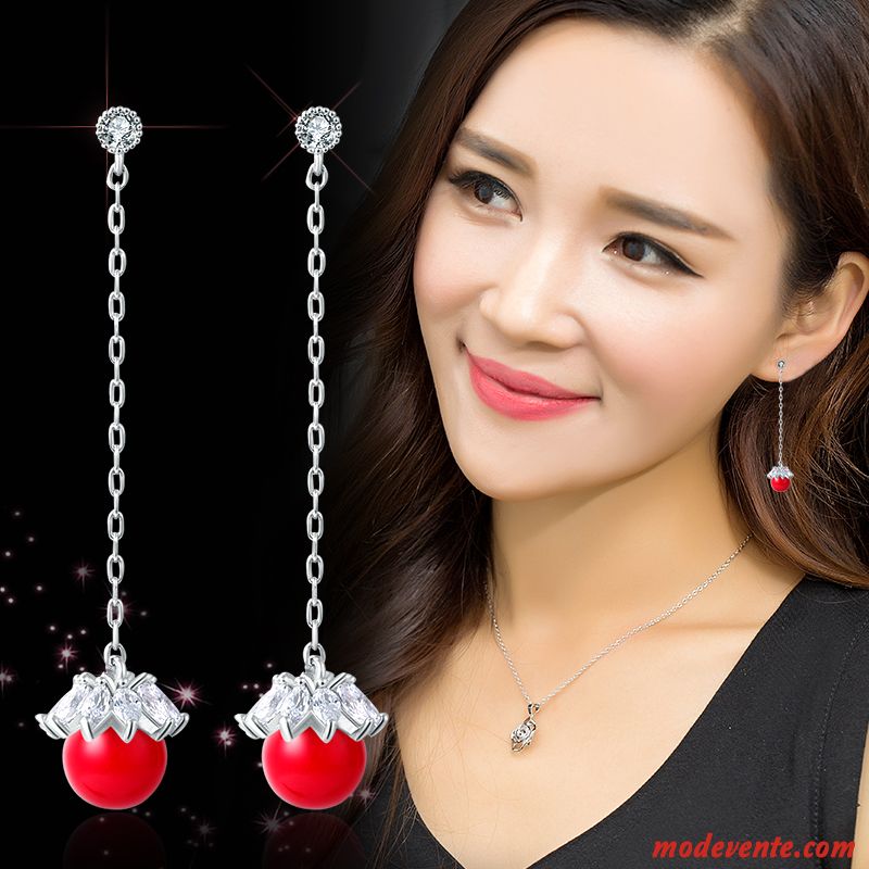 Boucles D'oreilles Femme Longue Section Mode Rétro Cristal Personnalité Rouge Argent