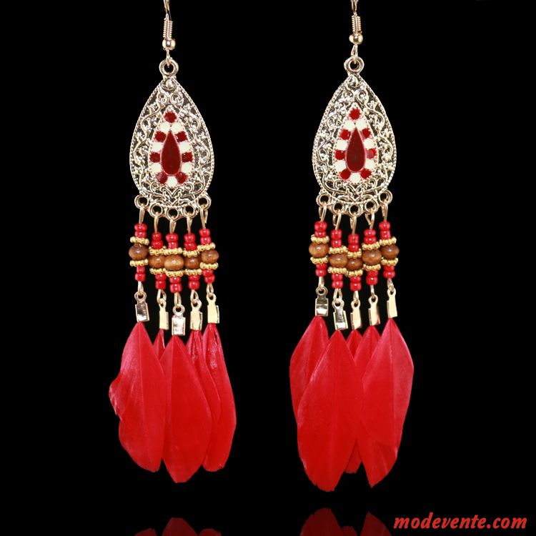 Boucles D'oreilles Femme Vacances Longue Section Ultra Rétro Tassel Folk-custom Rouge