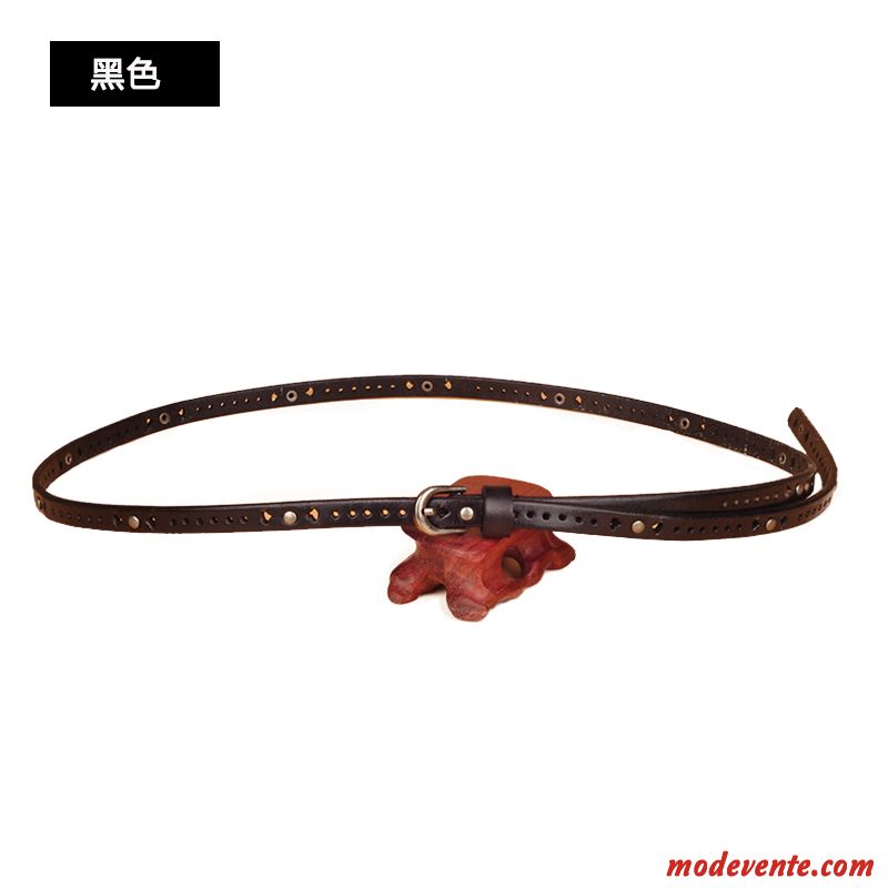 Ceinture Femme Cuir Véritable Simple Cuir De Vache Petit Décoration Bien Noir