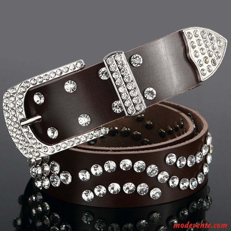 Ceinture Femme Diamant Cuir De Vache Mode Pierres De Strass Cuir Véritable All-match Marron