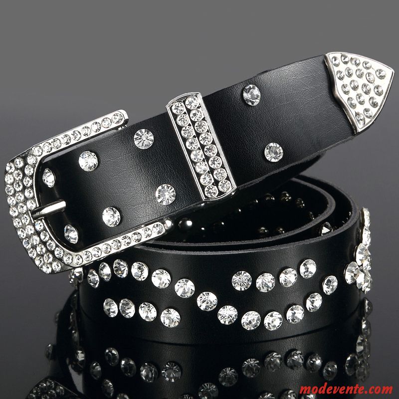 Ceinture Femme Diamant Cuir De Vache Mode Pierres De Strass Cuir Véritable All-match Marron