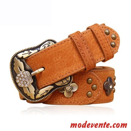 Ceinture Femme Diamant Rétro Décoration Piqûre Loisir Cuir De Vache Jaune Brun