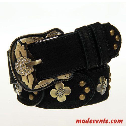 Ceinture Femme Diamant Rétro Décoration Piqûre Loisir Cuir De Vache Jaune Brun