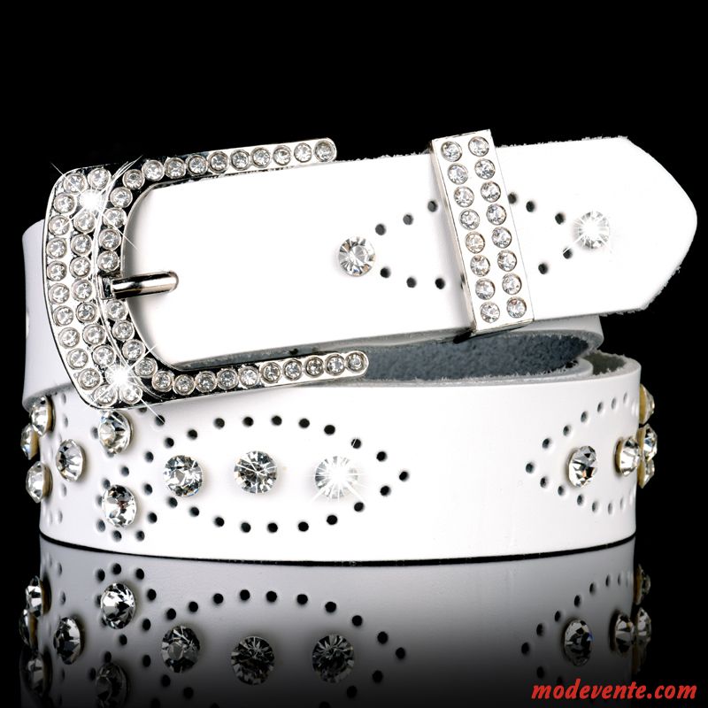 Ceinture Femme Décoration Jeans Creux Cuir De Vache All-match Pierres De Strass Blanc Jaune