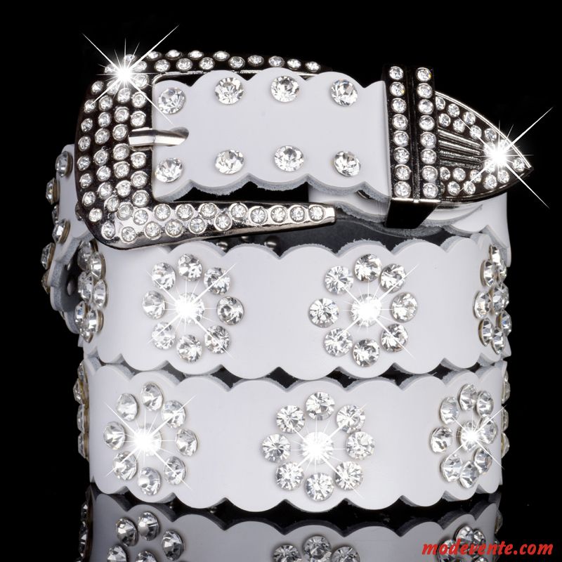 Ceinture Femme Jeans Pierres De Strass Décoration All-match Cuir Véritable Mode Blanc Rouge