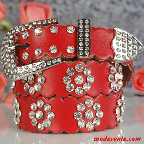 Ceinture Femme Jeans Pierres De Strass Décoration All-match Cuir Véritable Mode Blanc Rouge