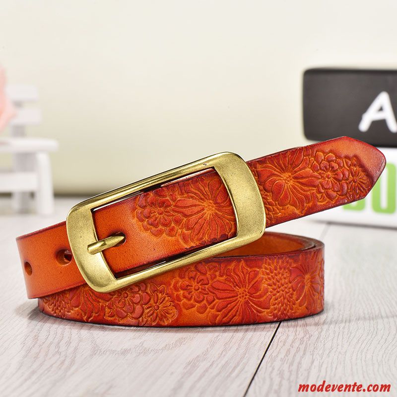 Ceinture Femme Simple All-match Cuir De Vache Mode Cuir Véritable Rétro Orange Jaune