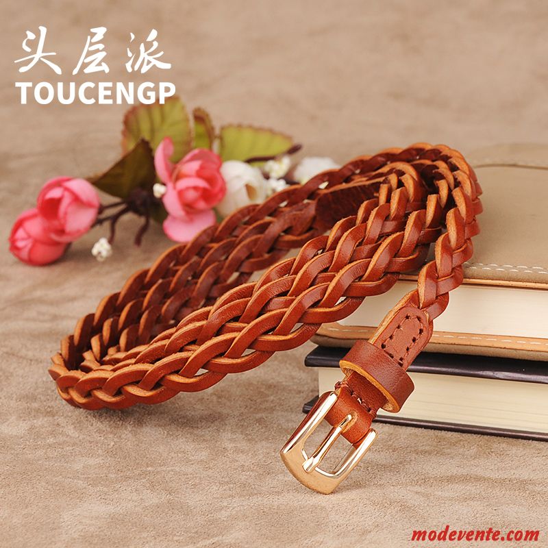 Ceinture Femme Tissage Couche De Tête Décoration All-match Cuir De Vache Tendance Brun