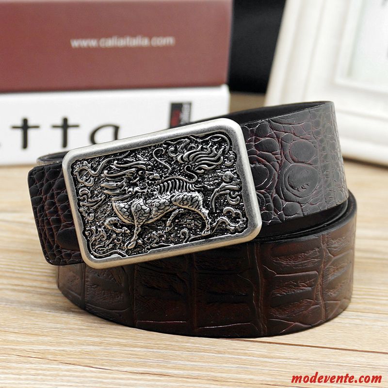 Ceinture Homme Couche De Tête Cuir De Vache Cuir Véritable Crocodile Modèle Lisse Rétro Marron Or