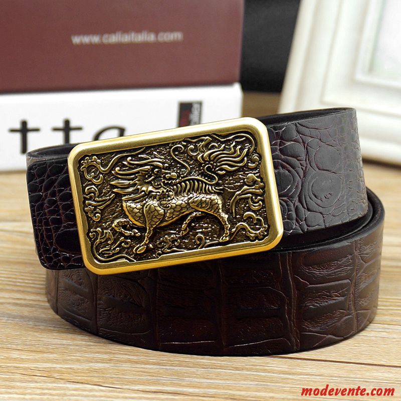 Ceinture Homme Couche De Tête Cuir De Vache Cuir Véritable Crocodile Modèle Lisse Rétro Marron Or