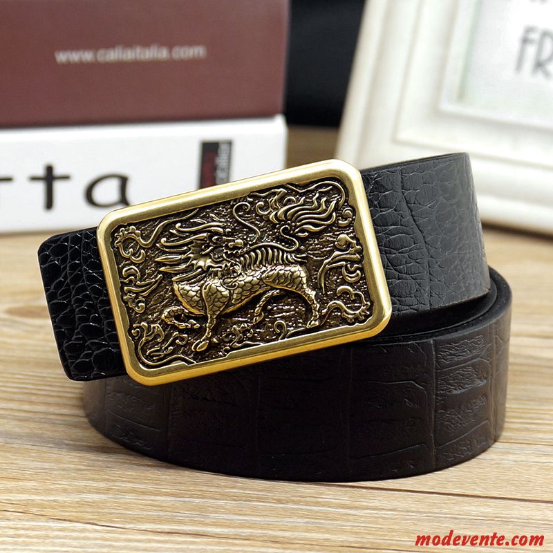 Ceinture Homme Couche De Tête Cuir De Vache Cuir Véritable Crocodile Modèle Lisse Rétro Marron Or