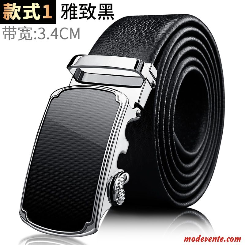 Ceinture Homme Couche De Tête Jeunesse Cuir De Vache Âge Moyen Cuir Véritable Boucle Automatique Noir