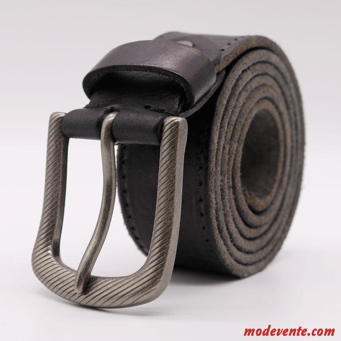 Ceinture Homme Jeans Couche De Tête Rétro Boucle Cuir De Vache Tendance Noir