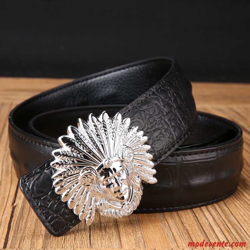 Ceinture Homme Jeunesse Cuir Véritable Étudiant Tendance Crocodile Modèle Cuir De Vache Noir