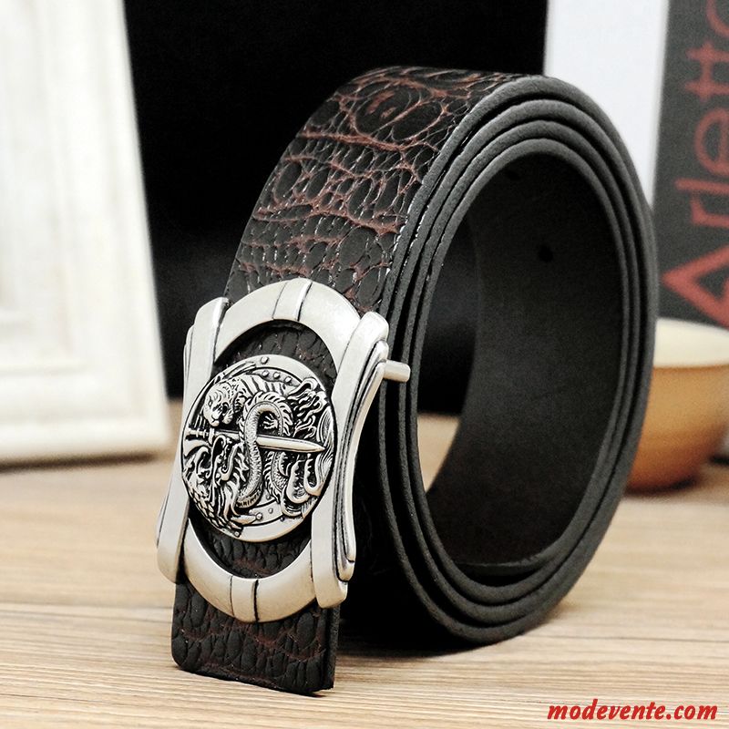 Ceinture Homme Tendance Rétro Cuir De Vache Jeunesse Lisse Couche De Tête Marron Argent