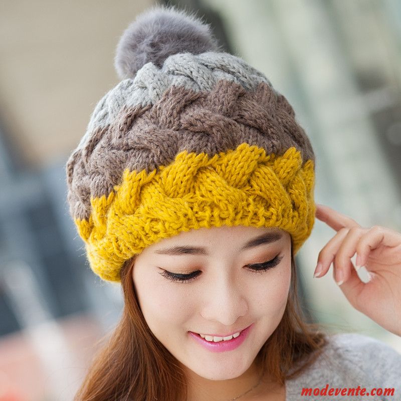 Chapeau Femme Bonnet De Laine Cheveux De Lapin Garder Au Chaud Gros L'automne Hiver Jaune