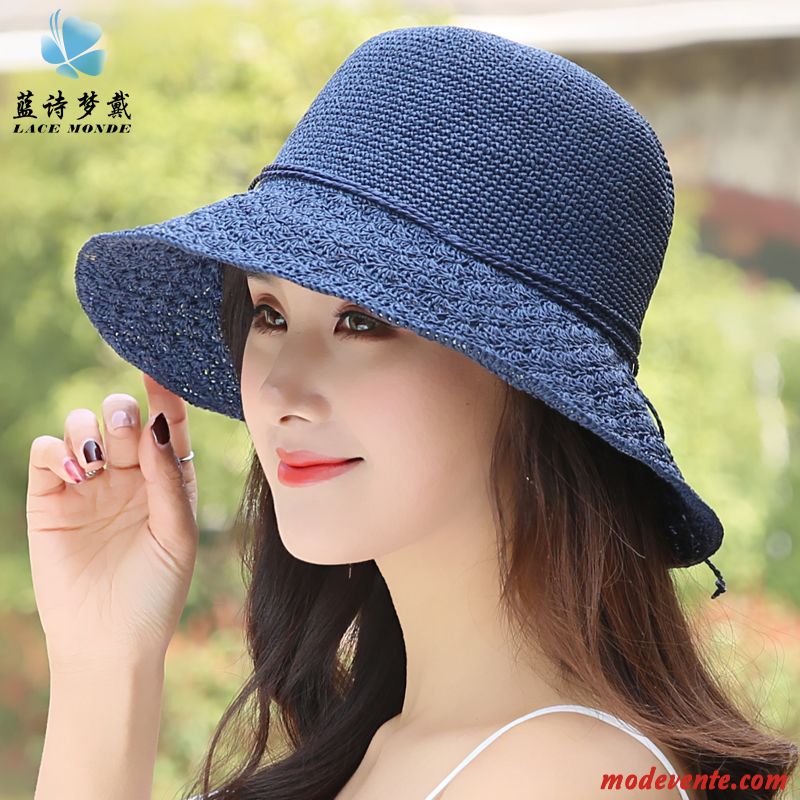 Chapeau Femme Bord De Mer Chapeau De Soleil Crème Solaire Frais Plier Voyage Bleu Marin