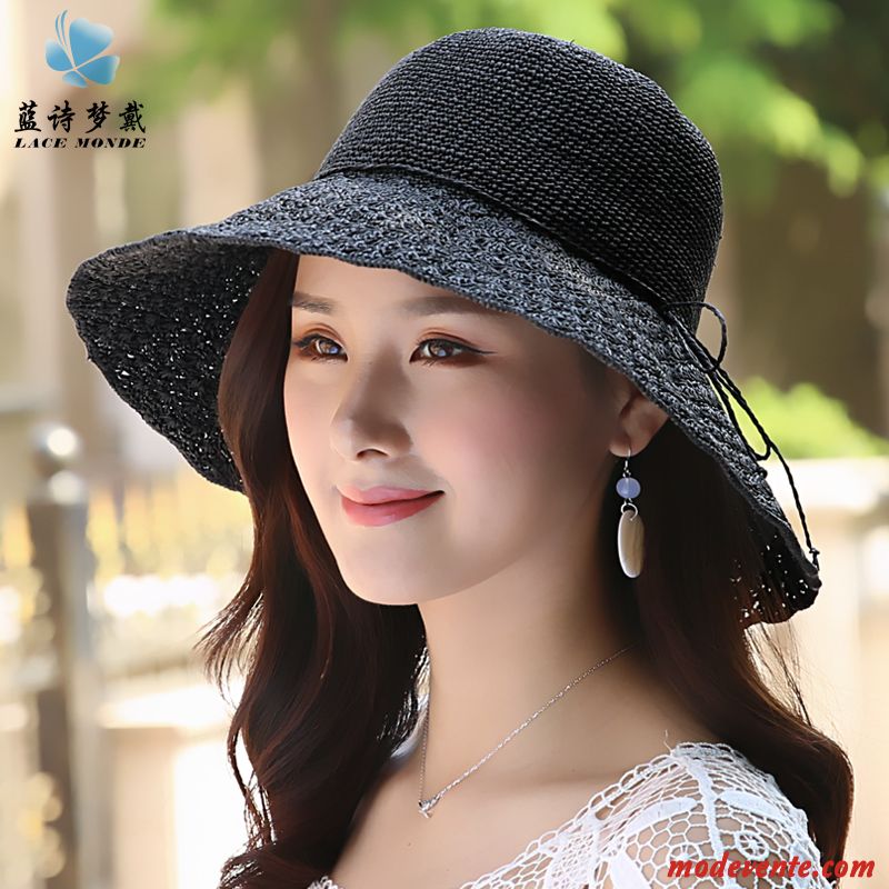 Chapeau Femme Bord De Mer Chapeau De Soleil Crème Solaire Frais Plier Voyage Bleu Marin